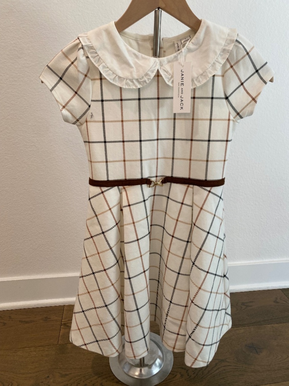 Janie and Jack White Dress with Brown and Gray Windowpane Plaid - NWT